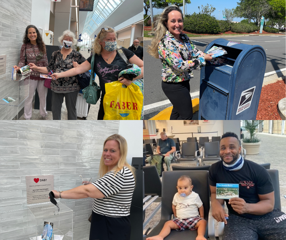 Passengers sending postcards inside the airport terminal